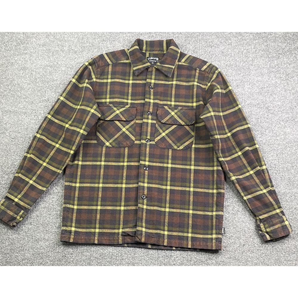 Stussy Flannel‎ Button Up Shirt Mens Small Brown Plaid Long Sleeve Cotton